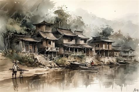 Dwelling in the Mountains - A Vivid Landscape Rendered in Ink and Wash!